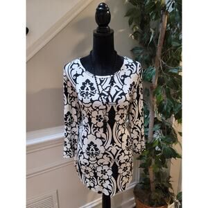 JM Collection Blouse Women's Size S Black White Rayon Abstract Floral Print Top